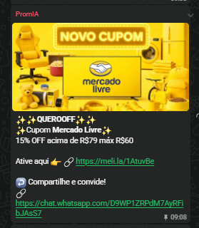 Post de cupom Mercado Livre fixado no grupo