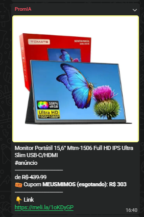 Anúncio: Monitor Portátil 15,6 polegadas, R$303,00 com cupom MEUSMIMOS